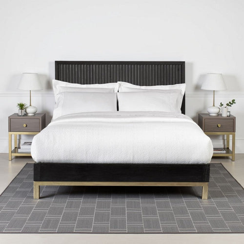 Carl Mahogany Wood Platform Queen Bed, Brass Metal Base, Oak Black, Gold