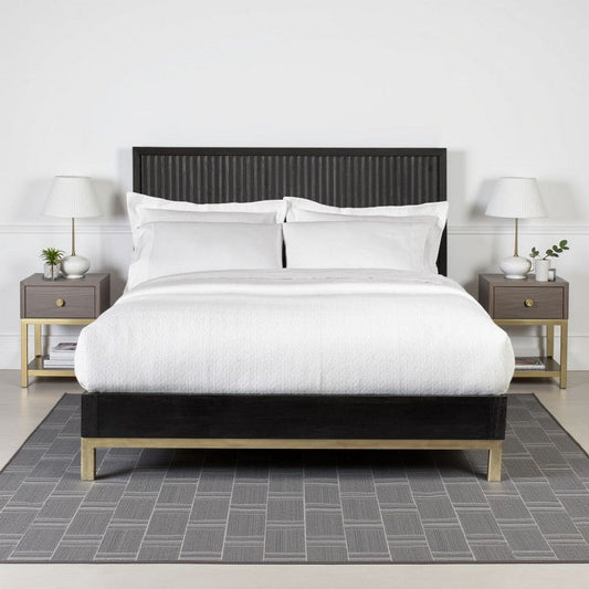 Carl Mahogany Wood Platform Queen Bed, Brass Metal Base, Oak Black, Gold