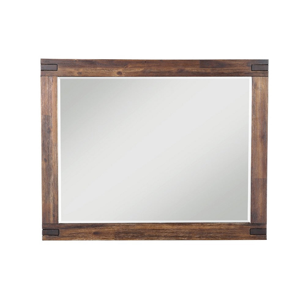 Pim 48 Inch Solid Wood Dresser Mirror with Metal Brackets, Rustic Brown