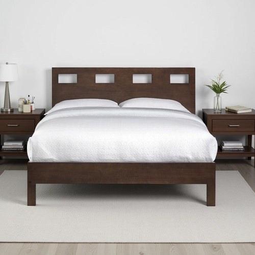 Yee Mahogany Wood Platform Queen Bed, Panel Cut Out Design, Dark Brown