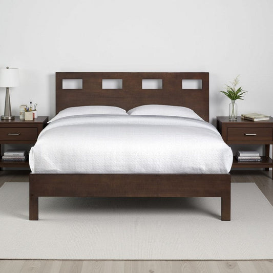 Yee Mahogany Wood Platform Queen Bed, Panel Cut Out Design, Dark Brown