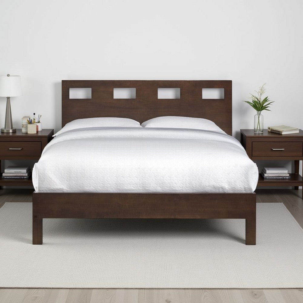 Yee Mahogany Wood Platform Queen Bed, Panel Cut Out Design, Dark Brown