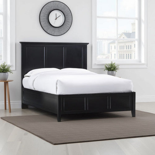 Neo Solid Mahogany Wood Low Profile Queen Bed, Beveled Trim Top, Black