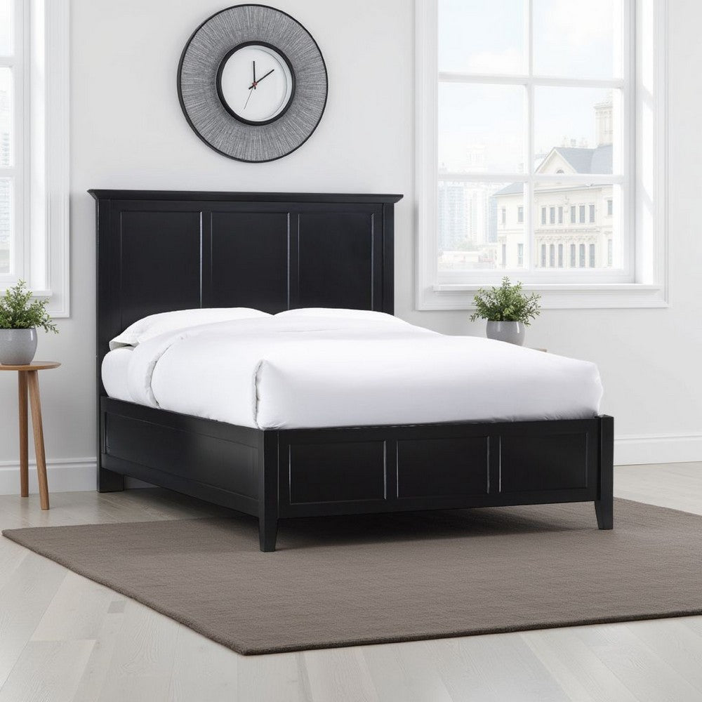 Neo Solid Mahogany Wood Low Profile Queen Bed, Beveled Trim Top, Black