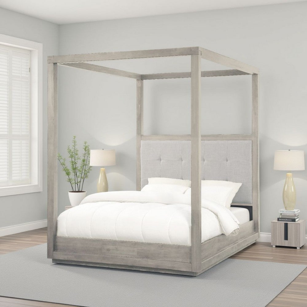Kim Upholstered Acacia Wood Platform Canopy Full Bed, Tufted, Heather Gray
