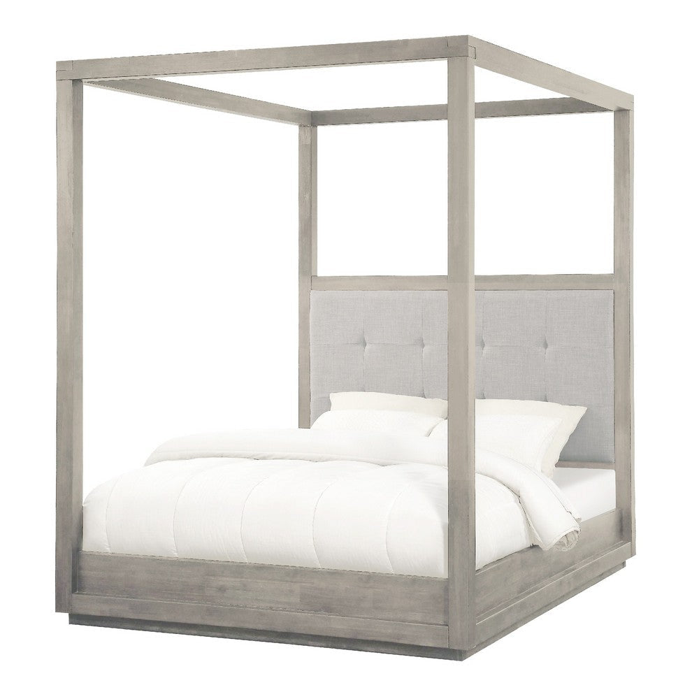 Kim Upholstered Acacia Wood Platform Canopy Full Bed, Tufted, Heather Gray
