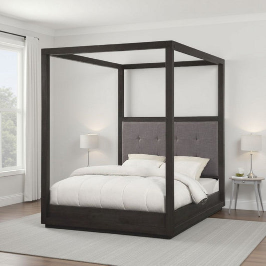Jose Acacia Wood Tufted Platform Queen Canopy Bed, Dark Heather Gray