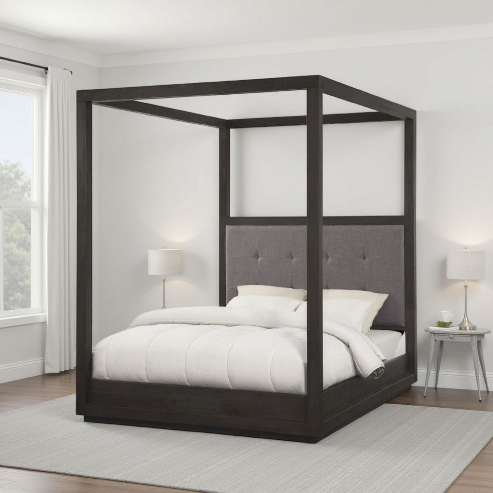 Jose Acacia Wood Tufted Platform Queen Canopy Bed, Dark Heather Gray