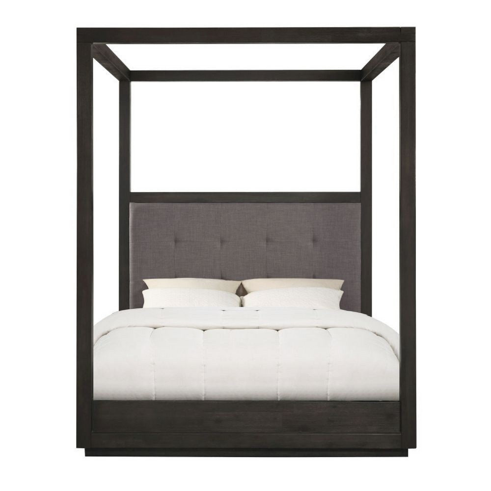 Jose Acacia Wood Tufted Platform Full Canopy Bed Dark Heather Gray