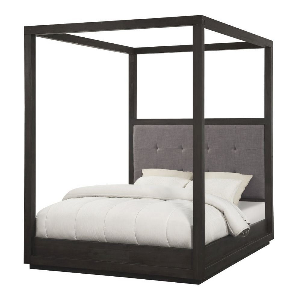 Jose Acacia Wood Tufted Platform Full Canopy Bed, Dark Heather Gray