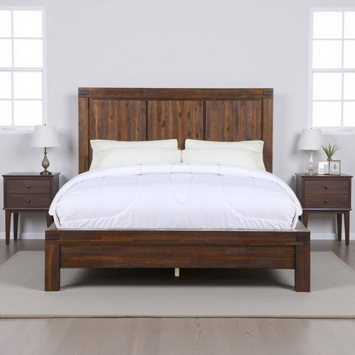 Pim Solid Acacia Wood Platform Queen Bed, Panel Headboard, Rustic Brown