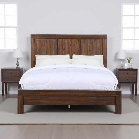 Pim Solid Acacia Wood Platform Queen Bed, Panel Headboard, Rustic Brown