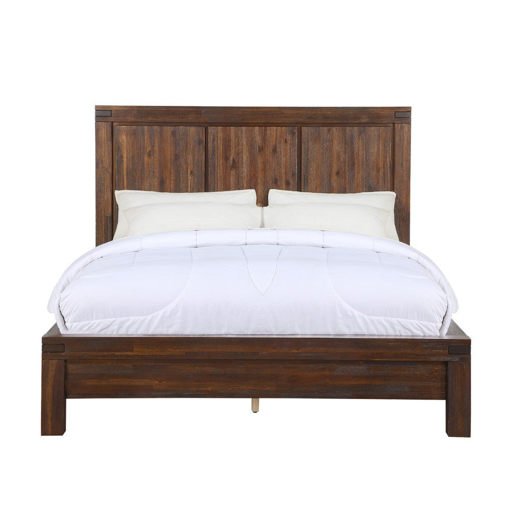 Pim Solid Acacia Wood Platform Queen Bed, Panel Headboard, Rustic Brown