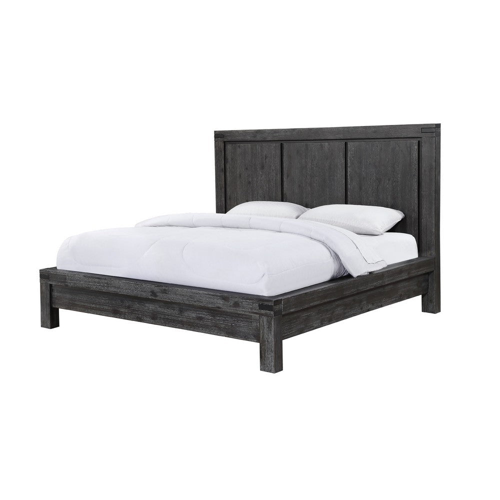 Pim Solid Wood Platform Queen Bed, Plank Panel Headboard, Brushed Gray