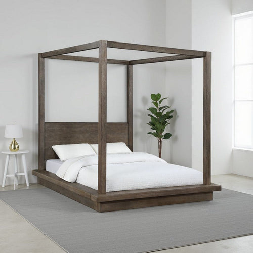 Nels Pine Wood Platform Full Canopy Bed, Plinth Base, Distressed Brown