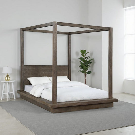Nels Pine Wood Platform Full Canopy Bed, Plinth Base, Distressed Brown