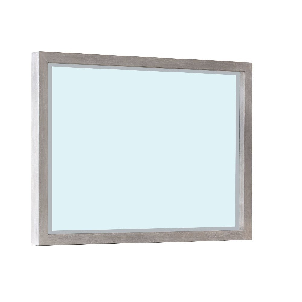 48 Inch Kim Solid Acacia Wood Dresser Mirror, Mitered Edge, Heather Gray