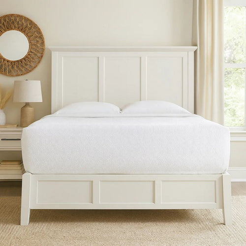 Neo Solid Mahogany Wood Low Profile Queen Bed, Beveled Trim Top, White