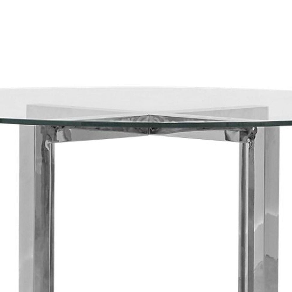 Eun 48 Inch Round Dining Table with Clear Glass Top Cross Base Chrome