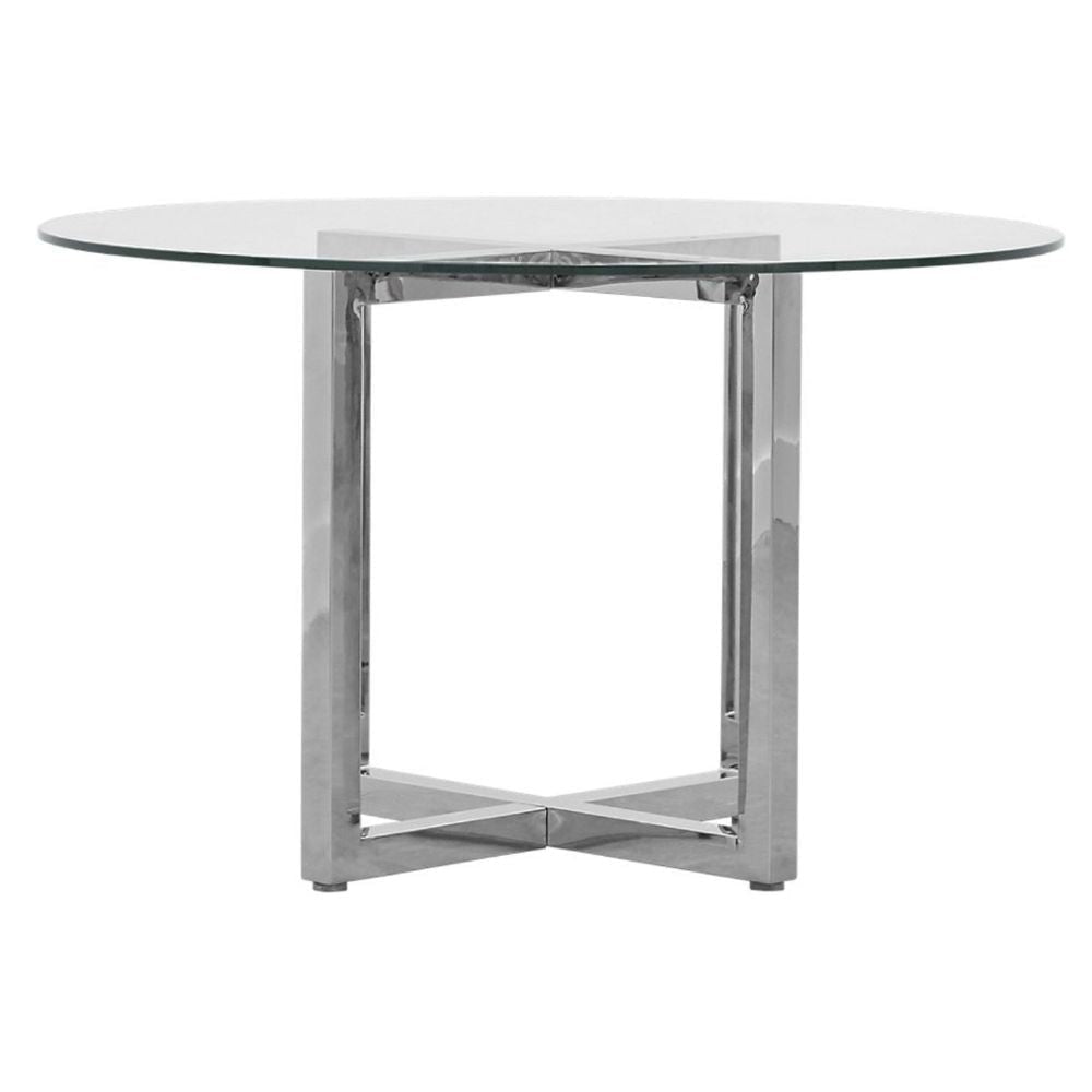 Eun 48 Inch Round Dining Table with Clear Glass Top, Cross Base, Chrome