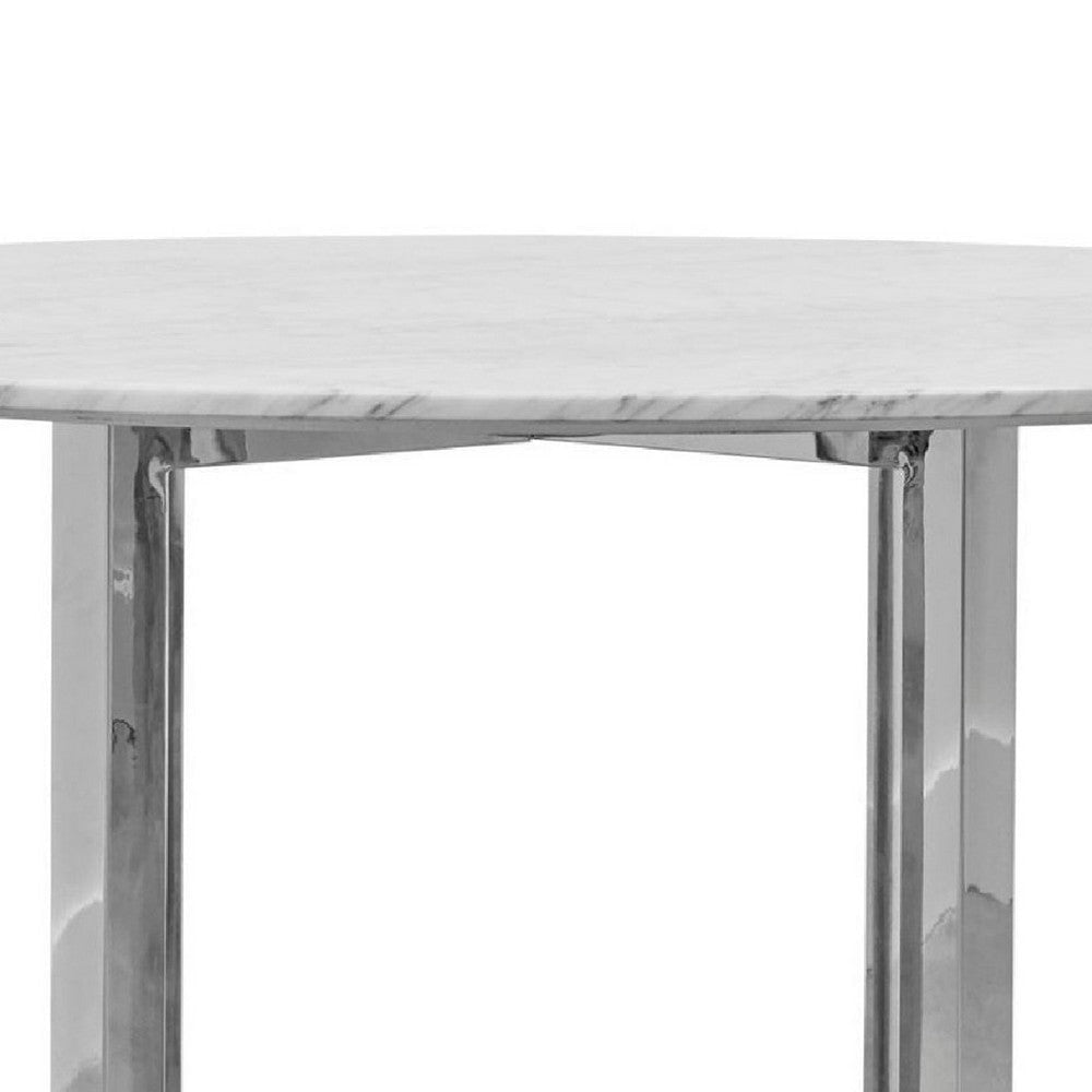 Eun 48 Inch Round Dining Table with Marble Top Cross Base Chrome