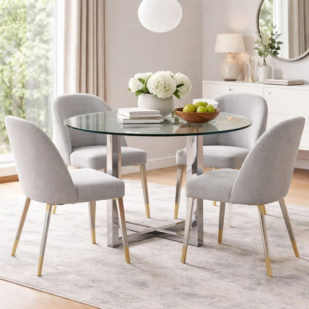 Eun 48 Inch Round Dining Table with Marble Top, Cross Base, Chrome