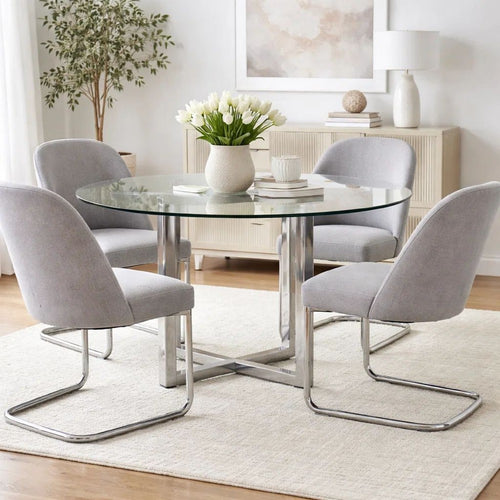 Eun 48 Inch Round Dining Table with Marble Top, Cross Base, Chrome