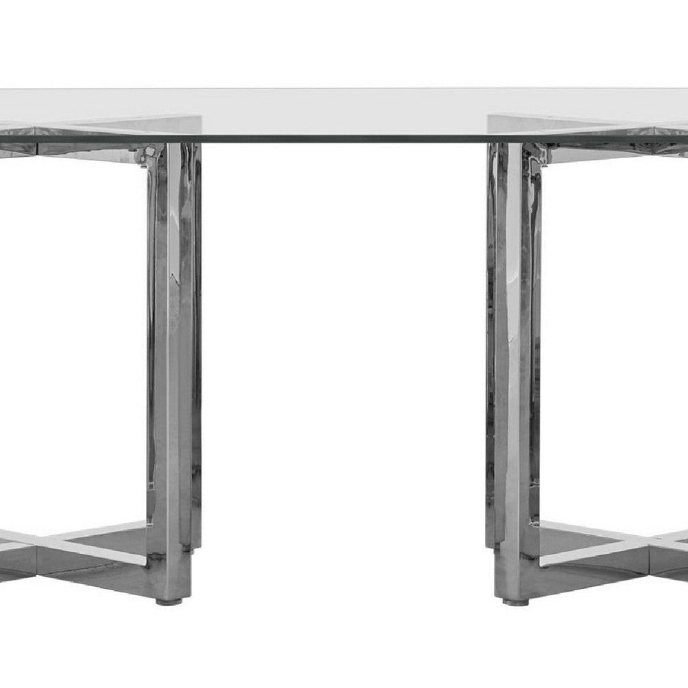 Eun 78 Inch Rectangular Dining Table with Glass Top Cross Base Chrome BM273597
