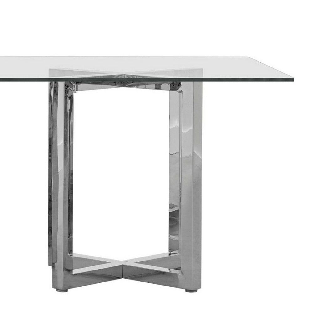Eun 78 Inch Rectangular Dining Table with Glass Top Cross Base Chrome BM273597