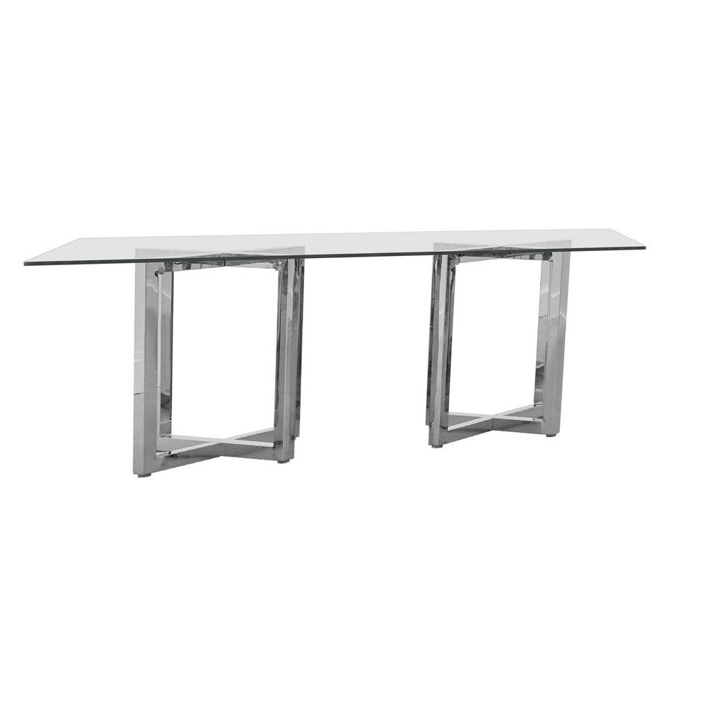 Eun 78 Inch Rectangular Dining Table with Glass Top, Cross Base, Chrome