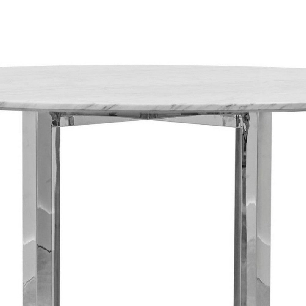 Eun 48 Inch Round Counter Table with Marble Top Cross Base Chrome