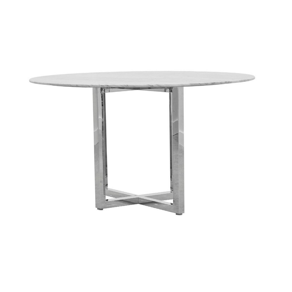 Eun 54 Inch Round Counter Table with Marble Top, Cross Base, Chrome