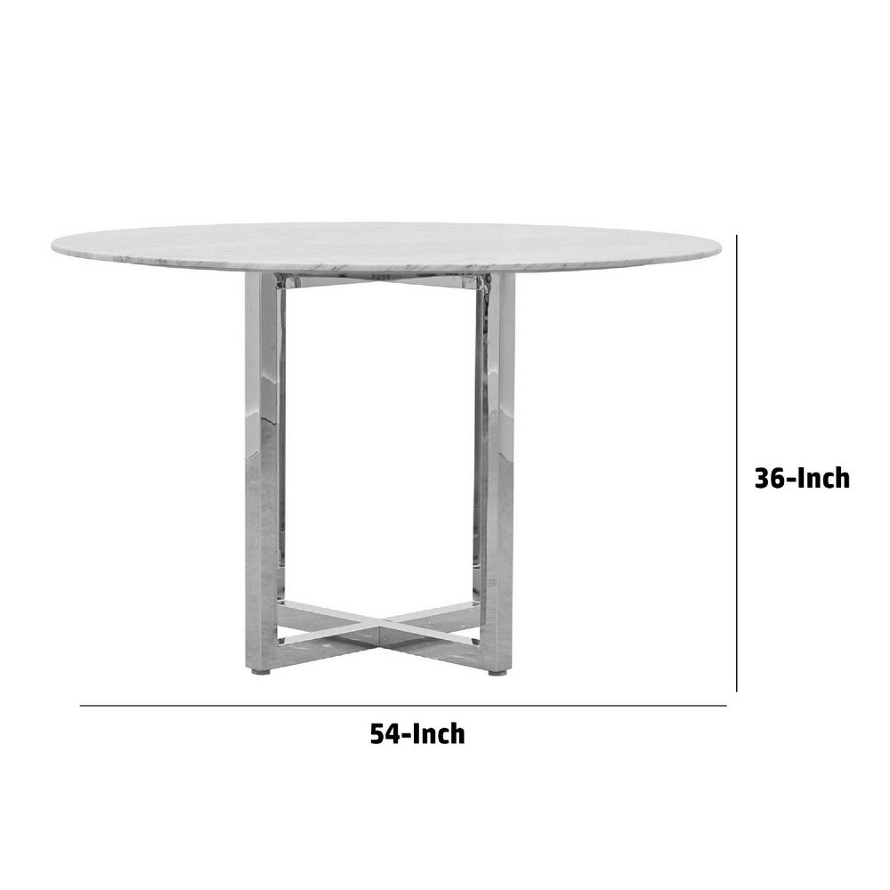 Eun 54 Inch Round Counter Table with Marble Top, Cross Base, Chrome