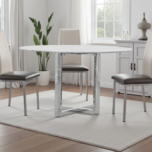 Eun 54 Inch Round Counter Table with Marble Top, Cross Base, Chrome