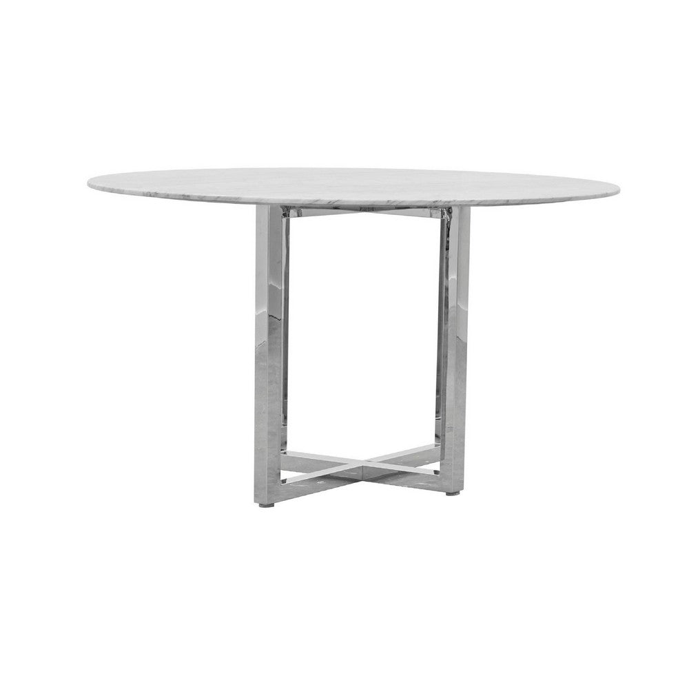 Eun 54 Inch Round Counter Table with Marble Top, Cross Base, Chrome