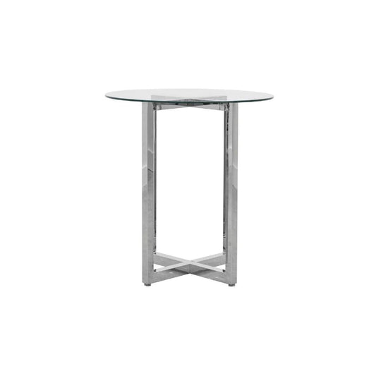 Eun 32 Inch Round Bar Table with Clear Glass Top, Cross Base, Chrome