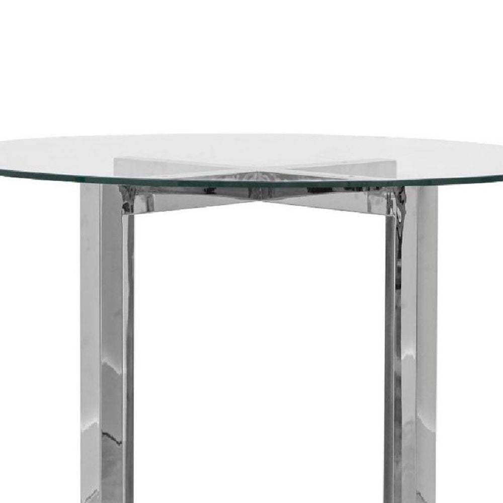 Eun 32 Inch Round Bar Table with Clear Glass Top Cross Base Chrome