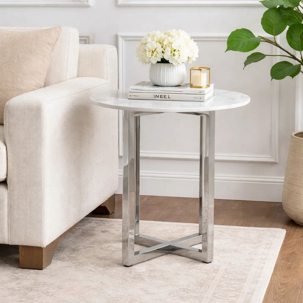 Eun 32 Inch Round Bar Table with Marble Top, Cross Base, Chrome
