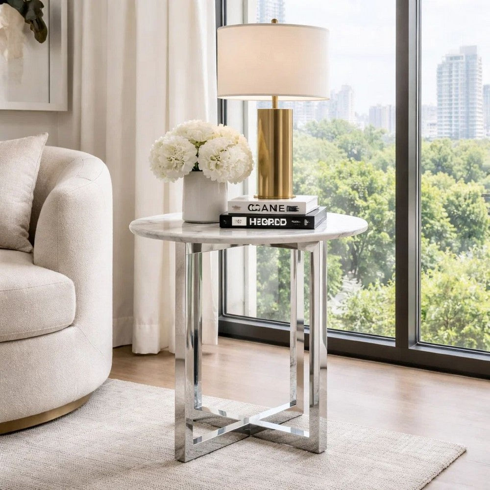 Eun 32 Inch Round Bar Table with Marble Top, Cross Base, Chrome