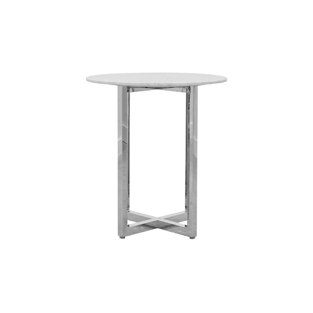 Eun 32 Inch Round Bar Table with Marble Top, Cross Base, Chrome