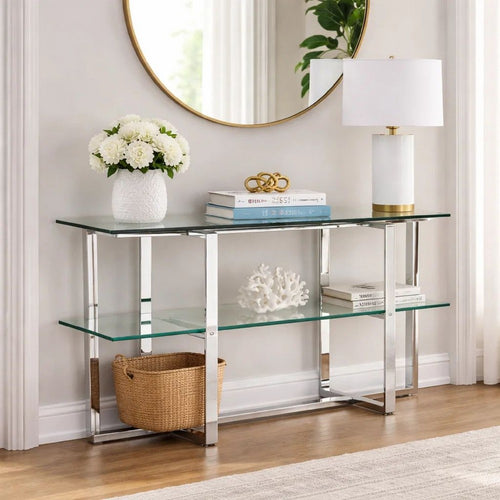 Eun 50 Inch Metal Sideboard Buffet Table, 2 Tier Glass Shelves, Chrome Base