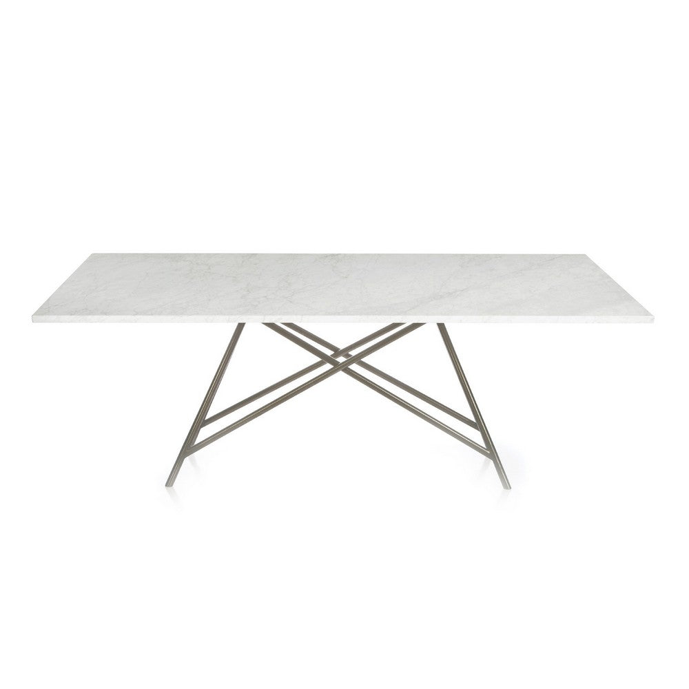 Levi 80 Inch Rectangular Carrara Marble Dining Table, Steel Legs, Chrome