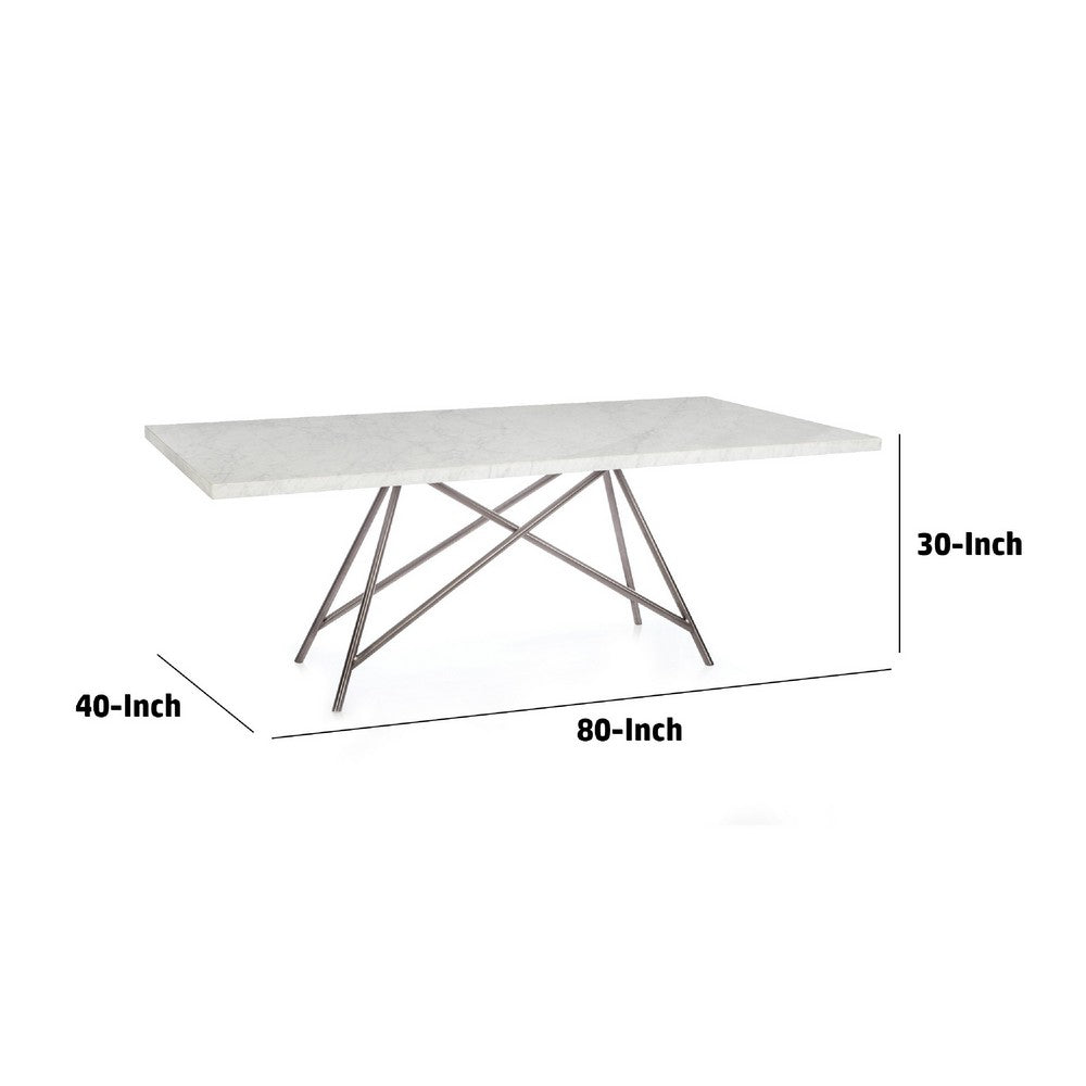 Levi 80 Inch Rectangular Carrara Marble Dining Table, Steel Legs, Chrome