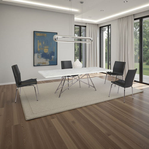 Levi 80 Inch Rectangular Carrara Marble Dining Table, Steel Legs, Chrome