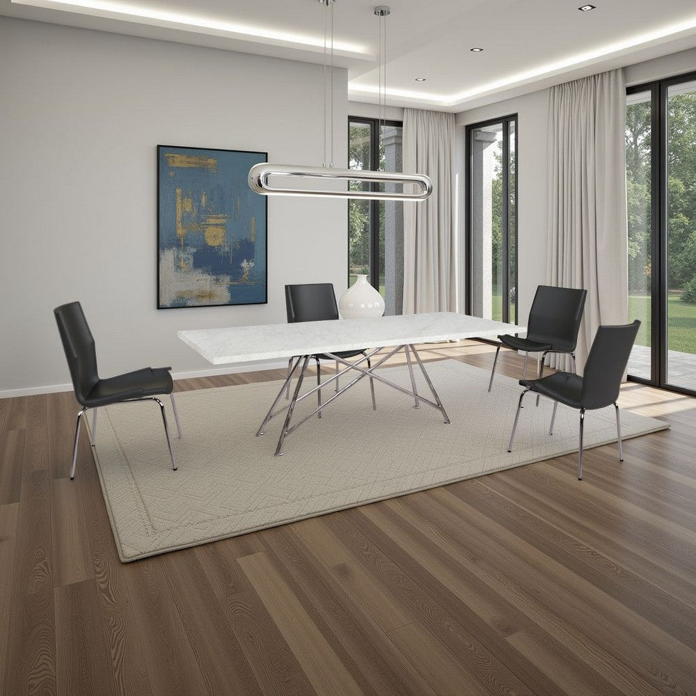 Levi 80 Inch Rectangular Carrara Marble Dining Table, Steel Legs, Chrome