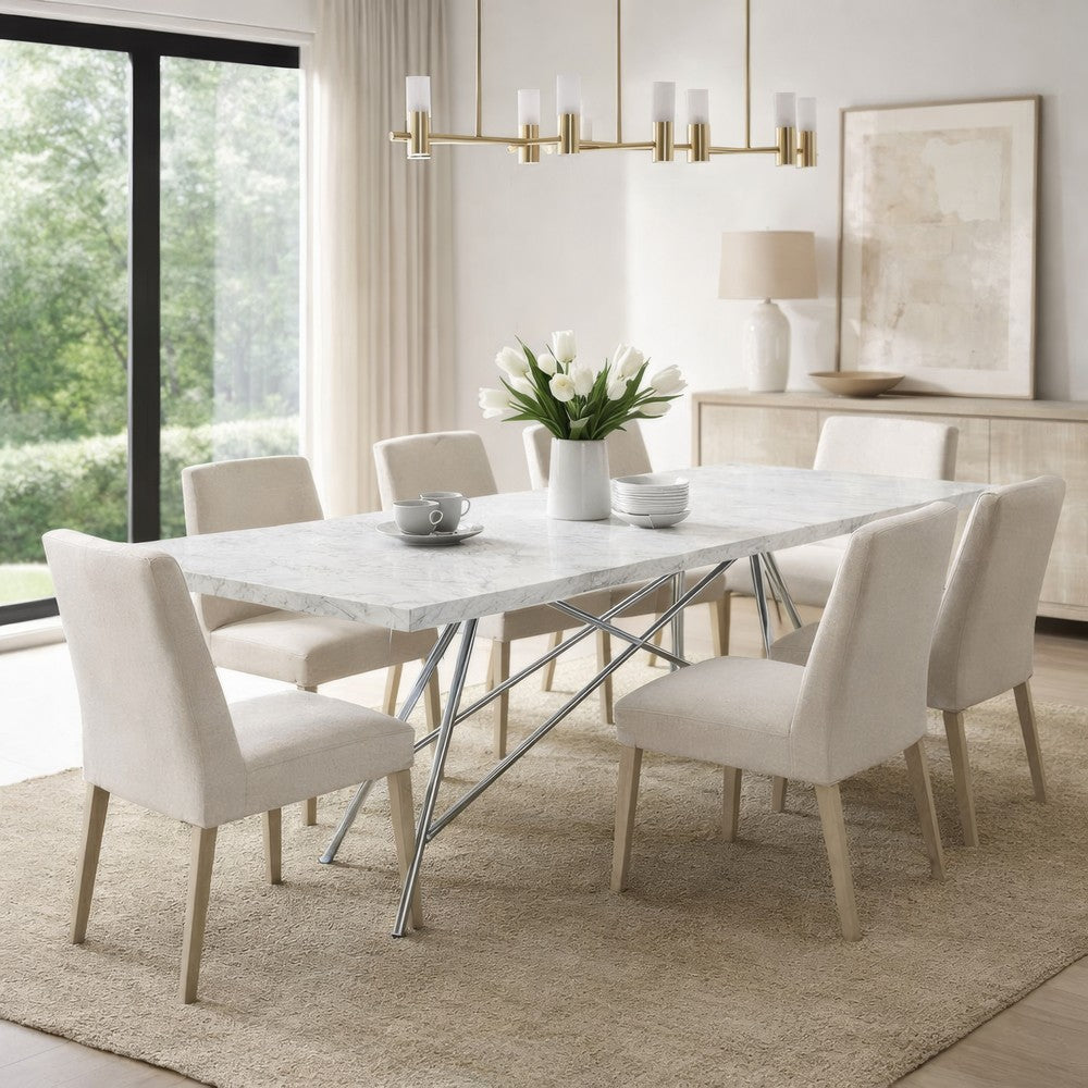 Levi 80 Inch Rectangular Carrara Marble Dining Table, Steel Legs, Chrome
