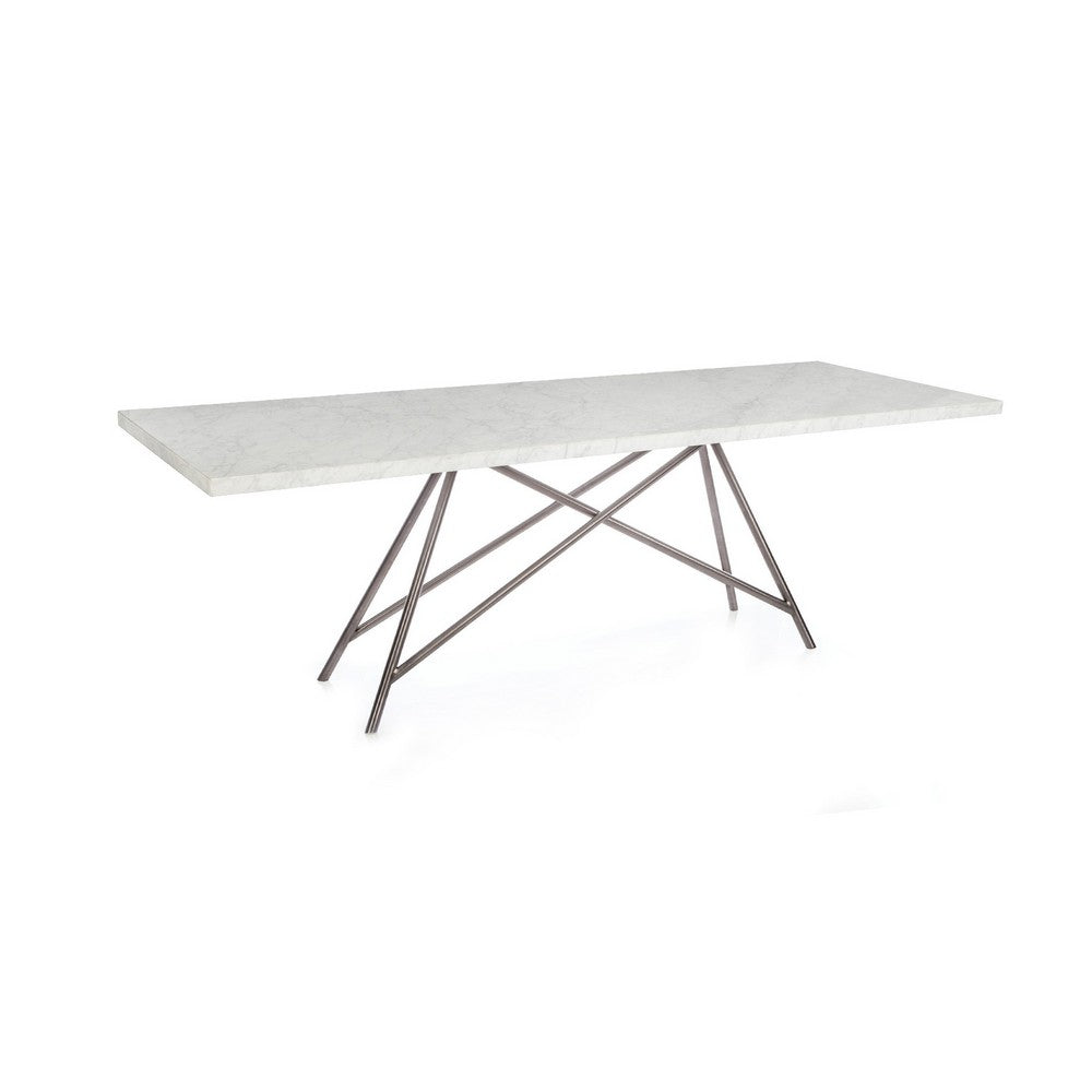 Levi 80 Inch Rectangular Carrara Marble Dining Table, Steel Legs, Chrome