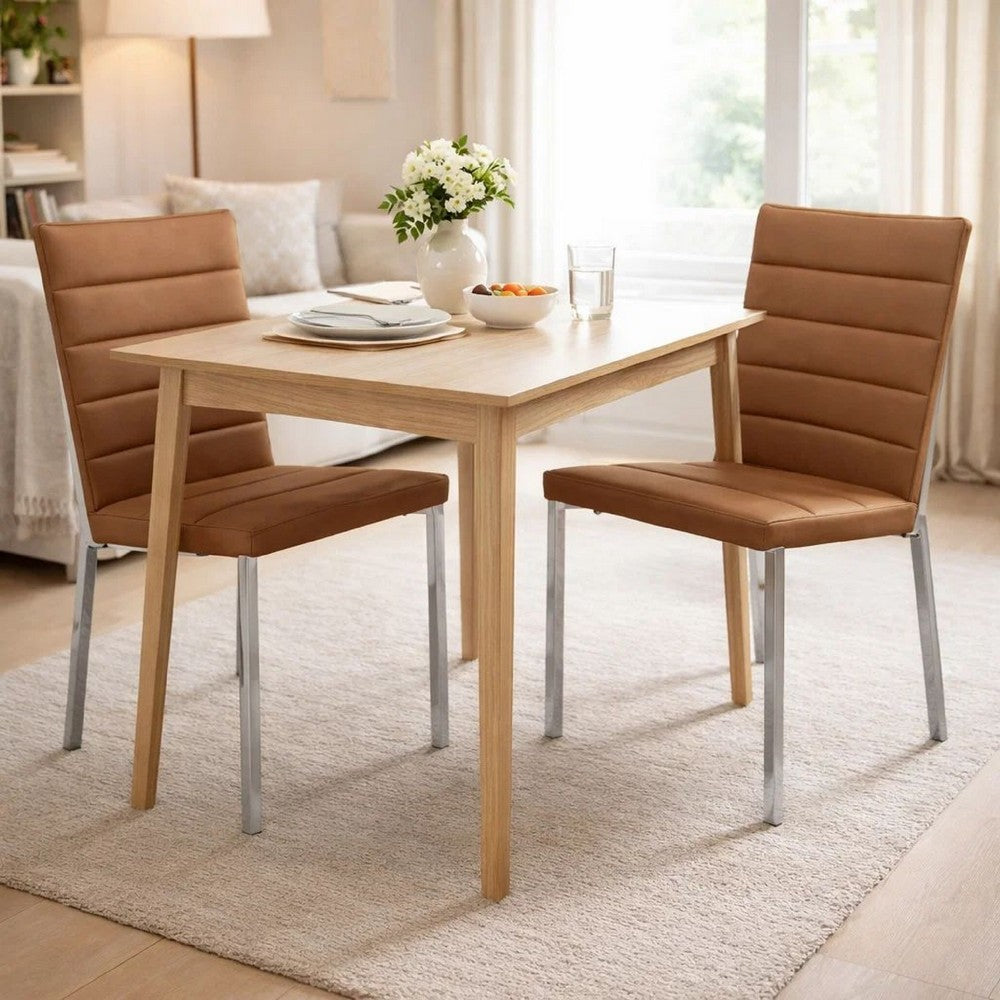 Eun 23 Inch Faux Leather Dining Chair, Metal Chrome Legs, Set of 2, Cognac