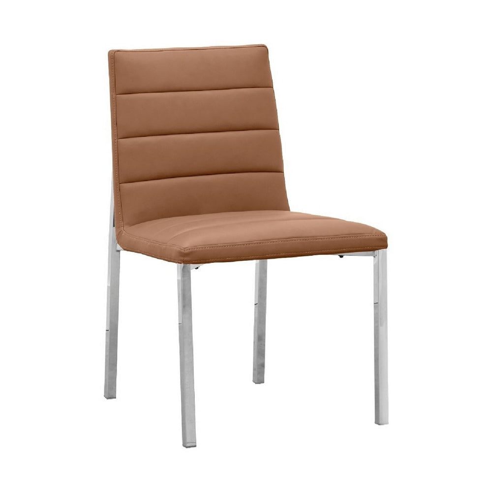 Eun 23 Inch Faux Leather Dining Chair, Metal Chrome Legs, Set of 2, Cognac