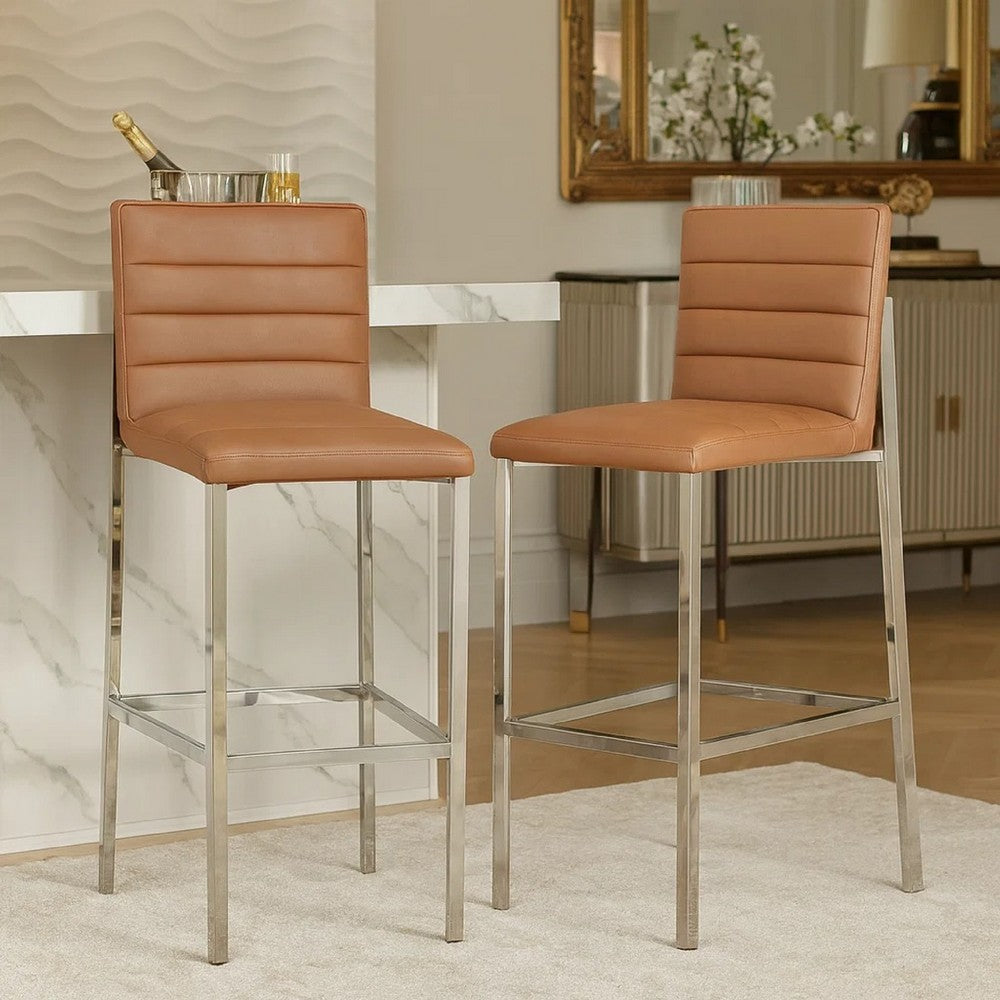 Eun 30 Inch Faux Leather Channel Barstool, Chrome Legs, Set of 2, Brown